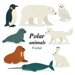 Flat vector set of polar animals. Includes penguin, polar bear, snowy owl, arctic fox, seal, walrus, narwhal, and arctic hare. Cute illustration for wildlife and nature themes.