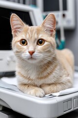 Cream-colored cat, calm and relaxed, ultrasound probe on its belly - clinic care hospital white scrubs