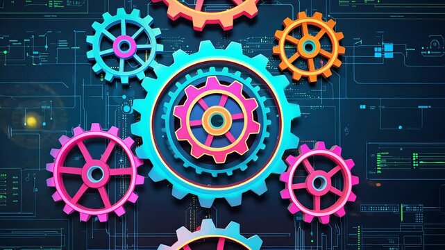 Colorful gears and cogs set against a digital circuit backdrop, showcasing advanced mechanical technology in a futuristic style.

