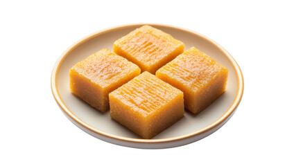 Delightful Dessert: A close-up shot showcases four square, golden-hued pieces of a delectable sweet treat arranged artfully on a circular plate.