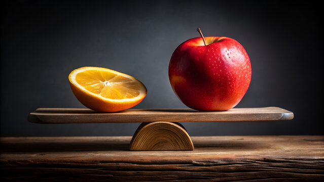 Still life, balance scale, red apple, orange slice, wooden surface, dark background, dramatic lighting, contrast, high detail, studio photography, conceptual, healthy eating, weight comparison, 