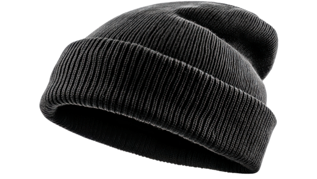 Cozy Knit Hat: A close-up shot of a black, folded-cuff knit hat, evoking warmth and simplicity, a classic winter accessory perfect for staying comfortable.