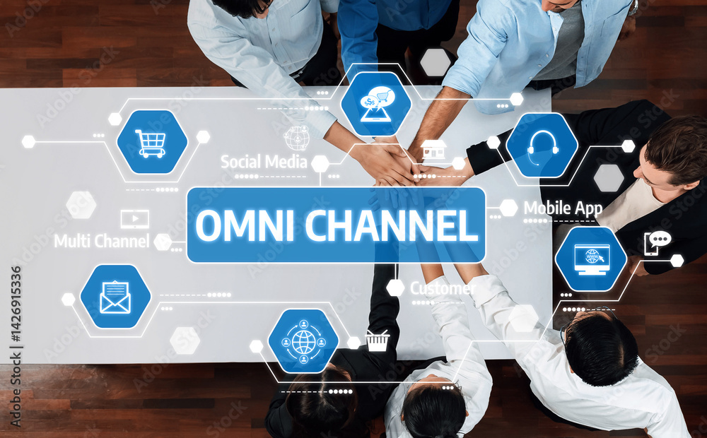 Poster diverse team members join hands in a collaborative environment, showcasing omni channel strategies w