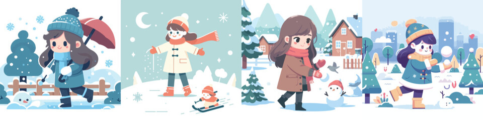 vector character of a girl playing in the snow