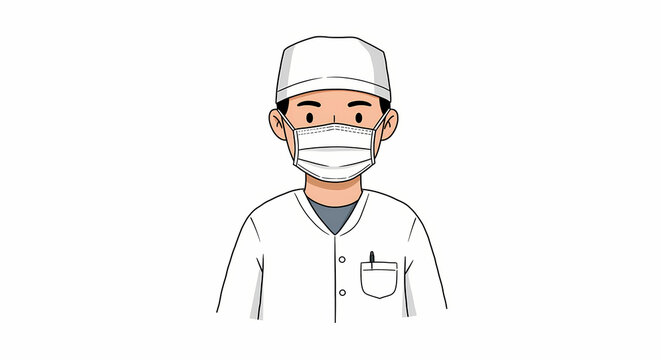 ustration of a medical professional wearing a surgical mask, ready to treat patients. The doctor is depicted in a medical uniform, standing in a hospital or clinic environment, emphasizing safety and 