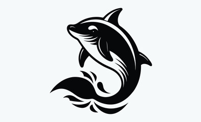 Whale breaching silhouette, Dark silhouette of a whale breaching against a clean white background showcasing marine life in motion 