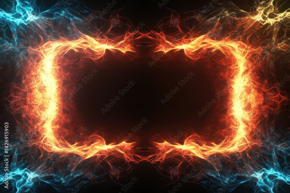 Poster Vivid glowing neon light rectangle border frame created with abstract colorful designs, Abstract glowing neon light rectangle border frame on black background