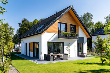 modern family house in Germany, white walls with wood accents on the gable wall and black roof tiles, terrace with garden furniture, surrounded by green trees and grass, sunny day, blue sky
