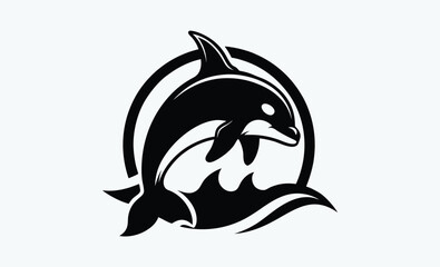 Whale breaching silhouette, Dark silhouette of a whale breaching against a clean white background showcasing marine life in motion 