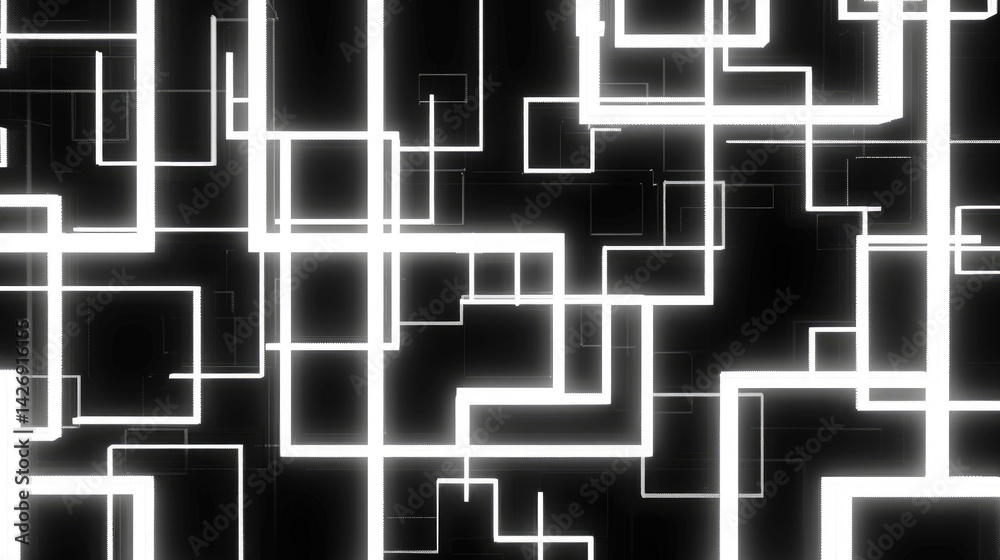 Poster a simplistic geometric pattern featuring white lines on a black background, creating a modern and st