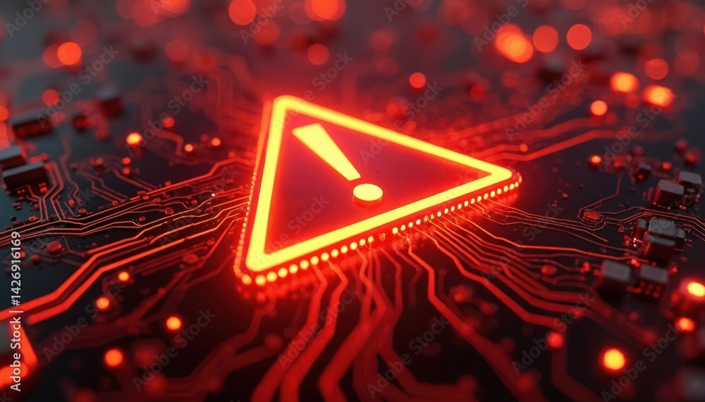 Fototapete red alert symbol glowing on circuit board. warning triangle illuminates, indicating error, risk. dig