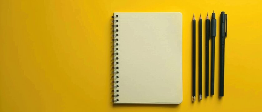 Blank notepad with pencils and coffee on a colorful background. Top down aerial view of white notepad placed on various texture with stationary equipment scattering. Creative workspace design. AIG55.
