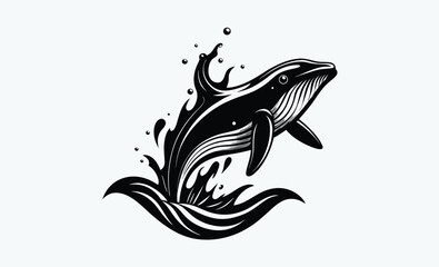 Whale breaching silhouette, Dark silhouette of a whale breaching against a clean white background showcasing marine life in motion 