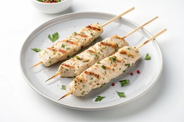 Delicious Grilled Chicken Kebabs: Aromatic spices, juicy chicken, perfectly grilled on wooden skewers, served on a pristine white plate. Upscaled image for vibrant, high-resolution use in food blogs, 