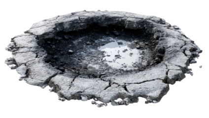 Crater Impression: An extreme close-up of a dark, textured crater, showcasing the ruggedness and raw beauty of the earth's surface with a pool of water in the center.