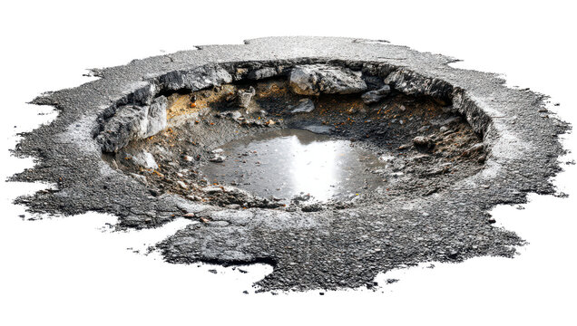 Road Damage: A close-up shot of severe road damage, featuring a deep pothole revealing layers of fractured asphalt, rocks, and standing water, highlighting the need for repair.