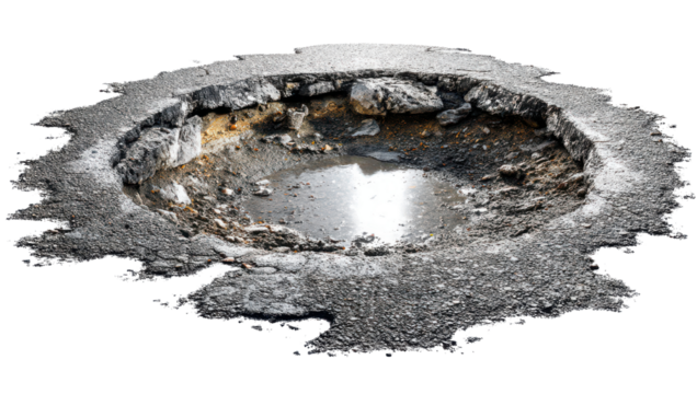Road Damage: A close-up shot of severe road damage, featuring a deep pothole revealing layers of fractured asphalt, rocks, and standing water, highlighting the need for repair.