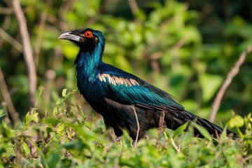 Fototapeta premium Rook corvus frugilegus standing among lush green foliage in natural habitat, Rook corvus frugilegus in the wild standing in the grass