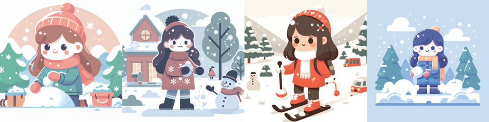 vector character of a girl playing in the snow