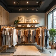 Modern fashion retail store interior. Apparel showcase, urban setting. Trendy clothing display, diverse selection. Boutique ambiance, stylish design, elegant presentation. Inside view with client