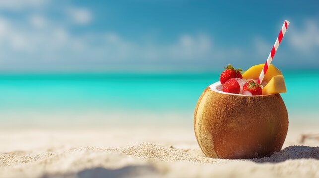 Refreshing tropical drink in coconut shell with fruits on sandy beach with clear blue ocean and sky, perfect for summer relaxation and vacation concept