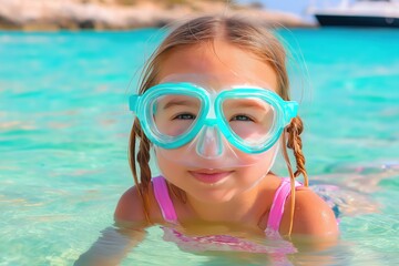 Naklejka premium Joyful child enjoying water play with swim mask, embracing summer fun and adventure in a vibrant aquatic environment, youth exploration concept