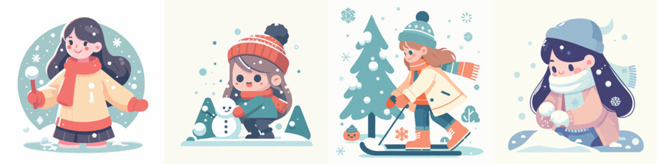 vector character of a girl playing in the snow