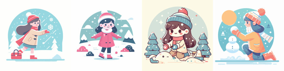vector character of a girl playing in the snow