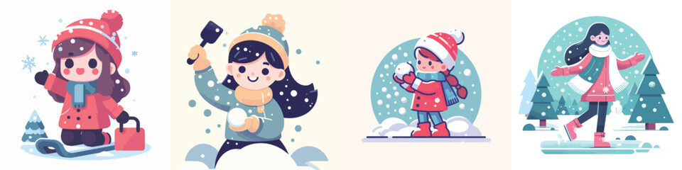 vector character of a girl playing in the snow