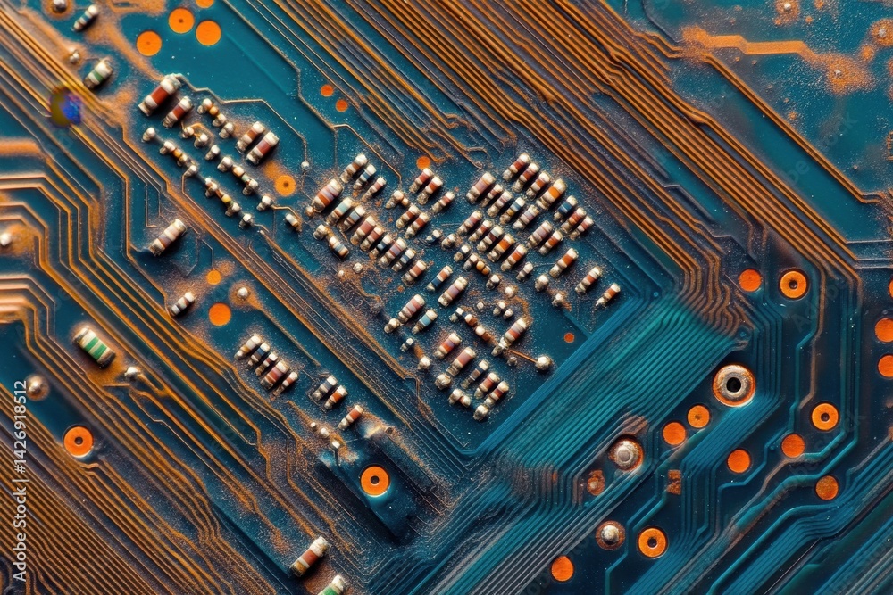 Poster closeup view of intricate electronic circuit board highlighting complex microchip design and connect