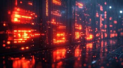 Fototapeta premium Red illuminated server racks in a dark data center with reflective floor and digital network pattern