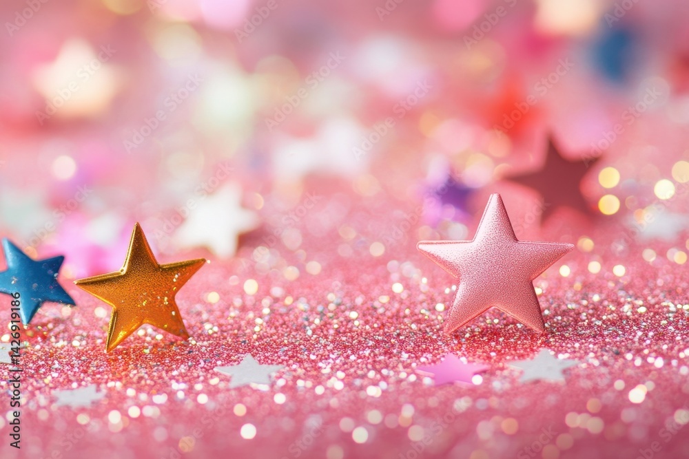 Poster colorful bokeh and sparkling stars create a magical atmosphere over a pink background filled with gl