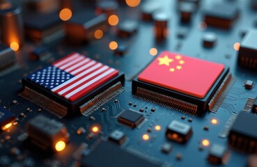 Computer chips featuring USA China flags on circuit board symbolize tech conflict. Electronic hardware, computer technology, digital innovations, semiconductor industry, global digital war, modern