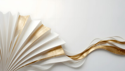 Elegant White Paper Fan with Flowing Gold Ribbons on Minimalist Background