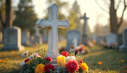 Cemetery cross, flowers. Candlelight Saints Day commemoration. Traditional symbol of faith, spirituality, hope, grief, mourning. Remembrance of deceased, memorial, burial ground, headstones, grave
