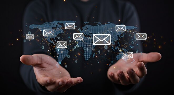 Global email communication concept with digital network and binary code - Powered by Adobe