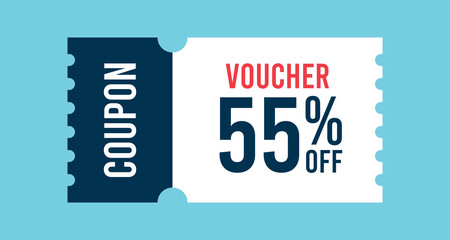 55% Off Sale Voucher Coupon. Gift Voucher, Fifty Five percent Promotion Illustration, Tag Label, Sale Banner With Discount Coupon.