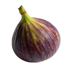 A single fresh purple fig with a shiny, textured skin and natural green stem, displayed against a clean Transparent Background, ideal for healthy eating visuals