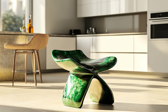 Modern emerald green, X-shaped stool in a bright kitchen.