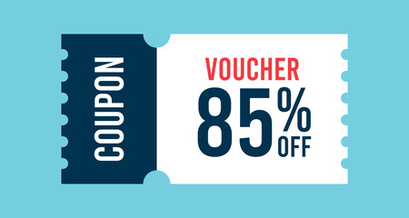 85% Off Sale Voucher Coupon. Gift Voucher, Eighty Five percent Promotion Illustration, Tag Label, Sale Banner With Discount Coupon.