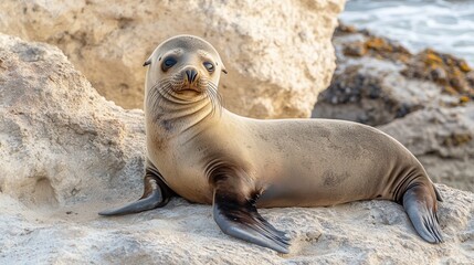 Fototapeta premium A young sea lion pup resting on a set of sunlit rocks, surrounded by the gentle waves of the ocean.