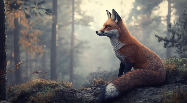 Red Fox Sitting on Mossy Rock in Misty Forest, Side View Wildlife, Nature, Animal