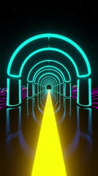 Futuristic Neon Tunnel with Glowing Teal Arches and Yellow Path