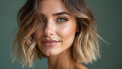 Fototapeta premium Portrait of young woman with stylish lob hairstyle, textured waves and soft highlights. Trendy modern coiffure with perfect cut and volume. Beauty, fashion, hair care, cosmetology, lifestyle.