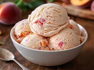 a bowl filled with scoops of peach-flavored ice cream, topped with chunks of fresh peaches. The bowl is placed on a wooden surface, and there is a spoon nearby and a few whole peaches 