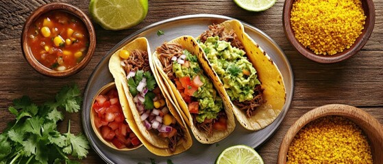 close up of tacos with guacamole, meat, and fresh ingredients