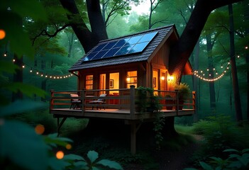 A small treehouse with solar panels on the roof, surrounded by lush greenery, with garlands of fireflies in the evening light.
Eco-friendly living, treehouse sustainability