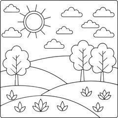 Simple Sunny Landscape Coloring Page for Kids Featuring Trees and Flowers