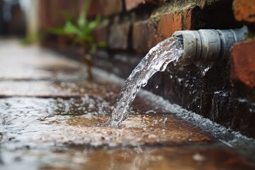 Water leaking from a broken pipe, pooling on the ground near brick wall in an outdoor area, water leaking