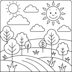 Sunny Day Coloring Page Featuring Rolling Hills and Happy Sun